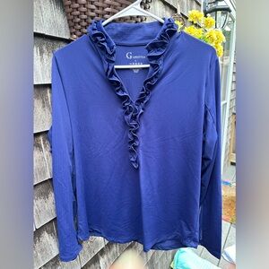 G Lifestyle long sleeve ruffle neck navy top size L